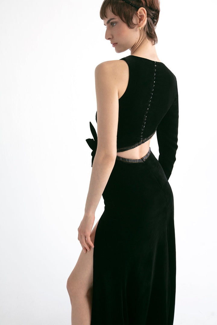 Velvet Asymmetric A-line Dress with cutout