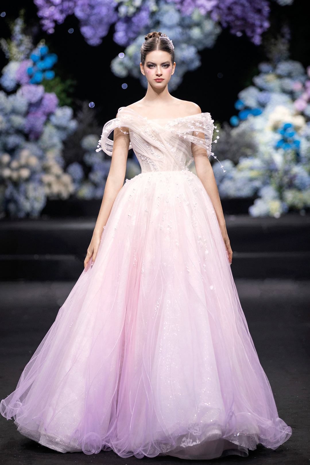 Off-The-Shoulder Neckline A-Line Dress with Embroidered Bodice Ivory Lavender / FR 44 Off-The-Shoulder Neckline A-Line Dress with Embroidered Bodice Ivory Lavender / FR 44