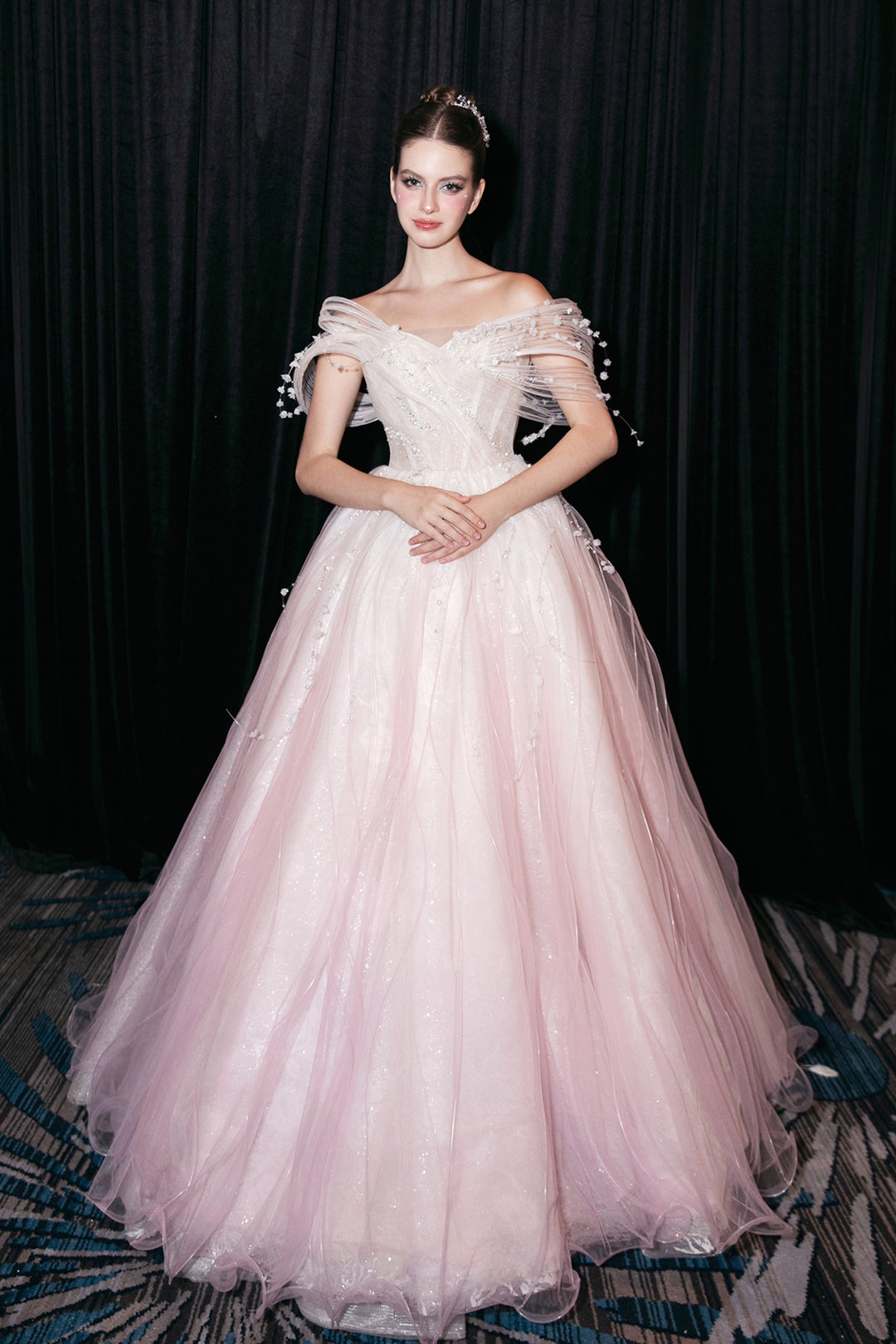 Off-The-Shoulder Neckline A-Line Dress with Embroidered Bodice Ivory Lavender / FR 44 Off-The-Shoulder Neckline A-Line Dress with Embroidered Bodice Ivory Lavender / FR 44