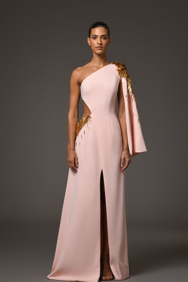 Long Dress with Asymmetric Embroidery and Cutout
