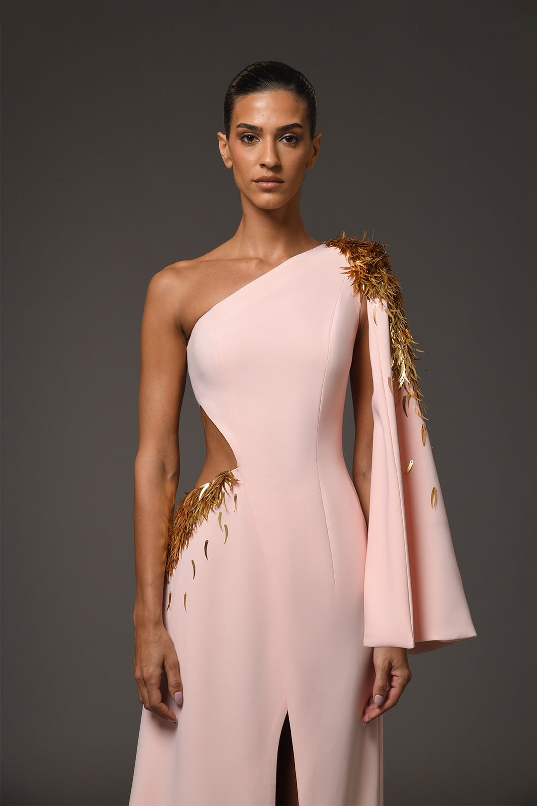 Long Dress with Asymmetric Embroidery and Cutout