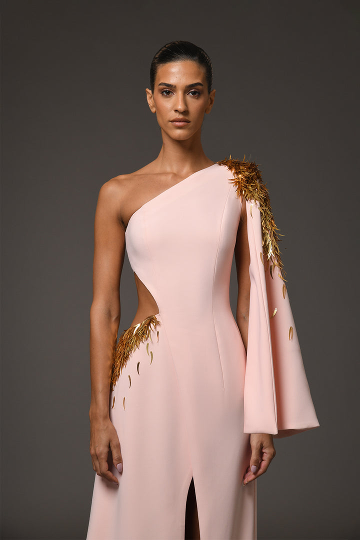 Long Dress with Asymmetric Embroidery and Cutout