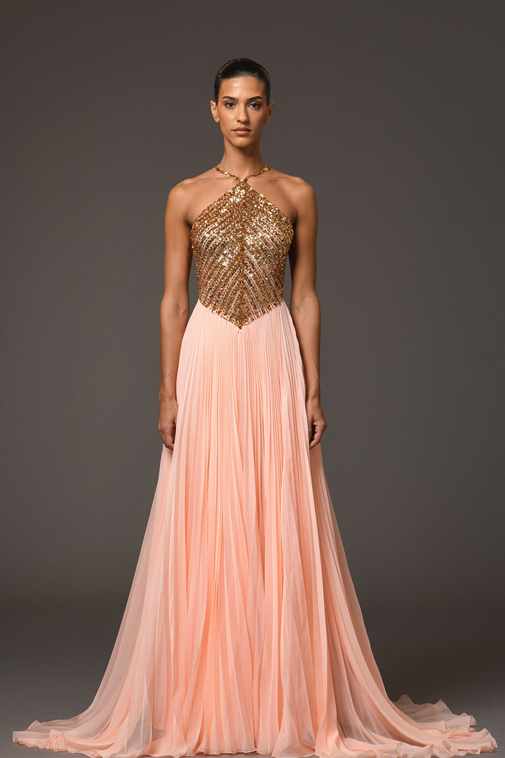 Long Dress with Halter-Neck and Embroidery