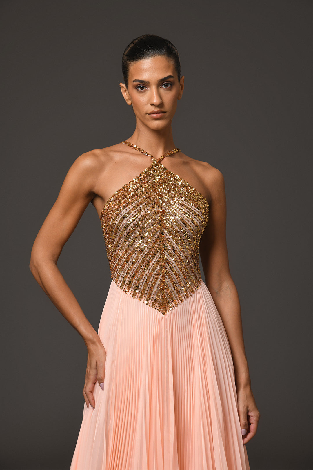 Long Dress with Halter-Neck and Embroidery