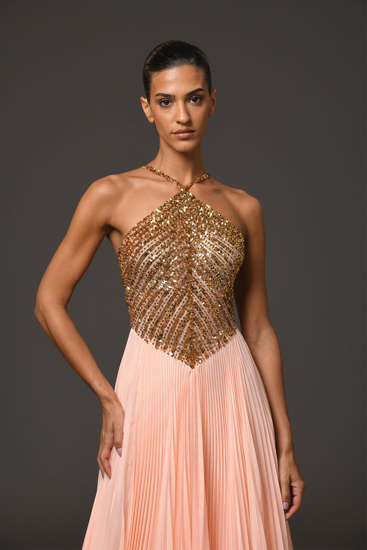 Long Dress with Halter-Neck and Embroidery