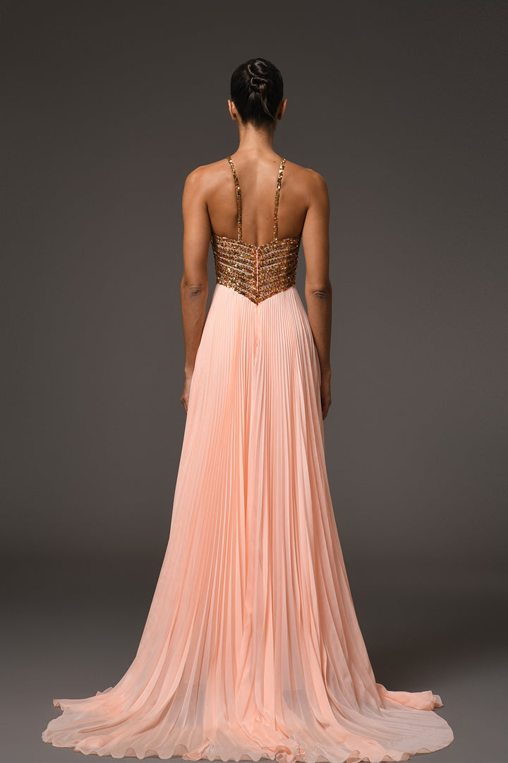 Long Dress with Halter-Neck and Embroidery