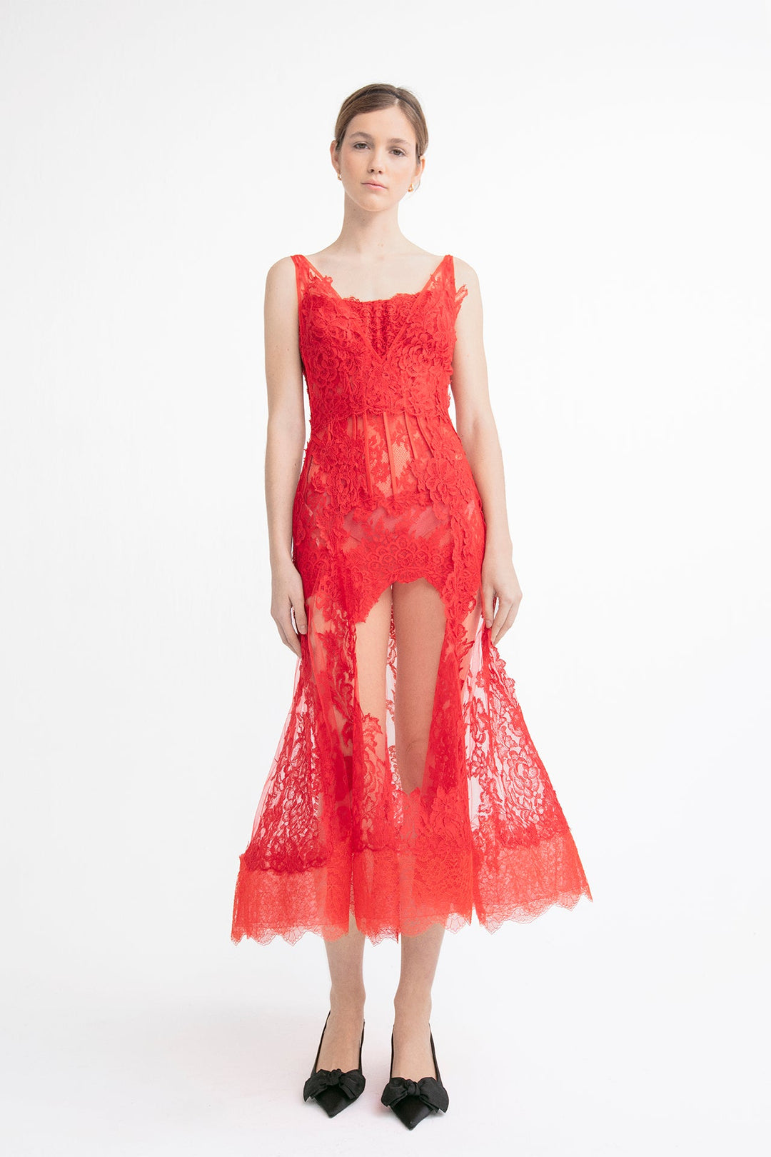 Tulle and Floral Lace Sleeveless A-Line Midi Dress Red / FR 32 Tulle and Floral Lace Sleeveless A-Line Midi Dress Red / FR 32