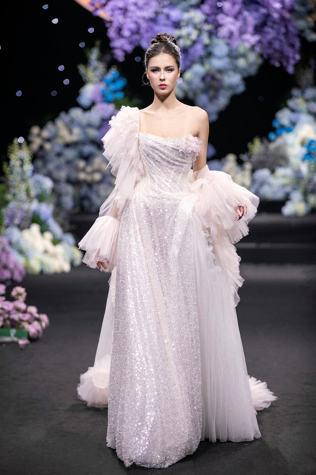 Strapless Ruffled A-Line Dress with Cape Pale Blush / FR 38 Strapless Ruffled A-Line Dress with Cape Pale Blush / FR 38