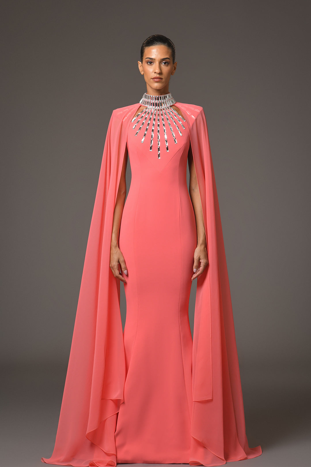 Crepe Dress with Baguette Beading Coral / US 2 Crepe Dress with Baguette Beading Coral / US 2