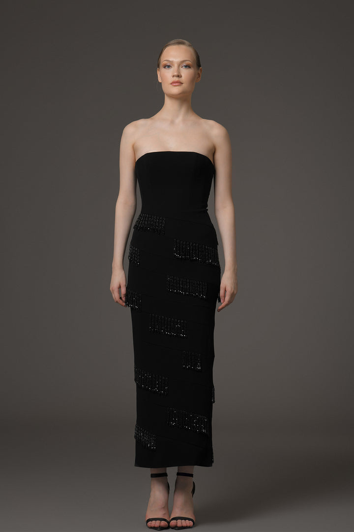Strapless Midi Dress with Beaded Fringes and Crystal Embellishments