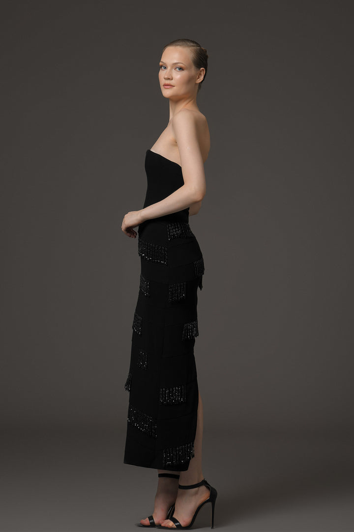 Strapless Midi Dress with Beaded Fringes and Crystal Embellishments