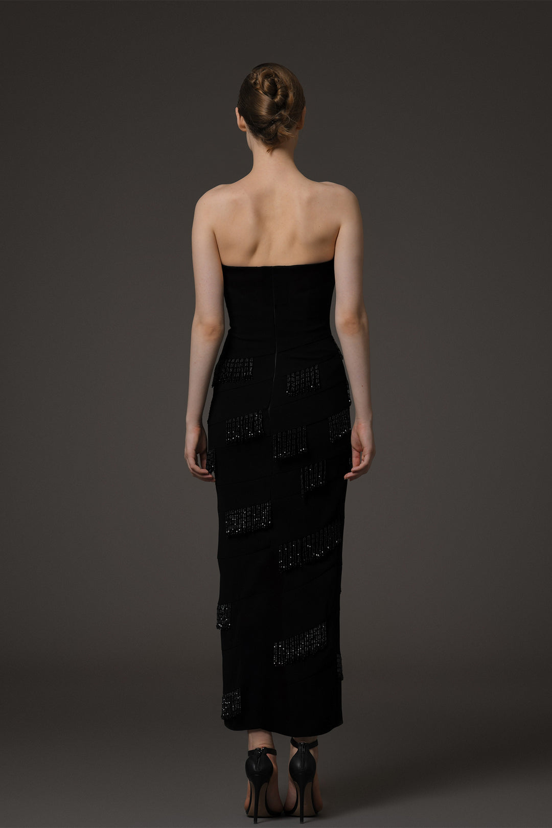 Strapless Midi Dress with Beaded Fringes and Crystal Embellishments