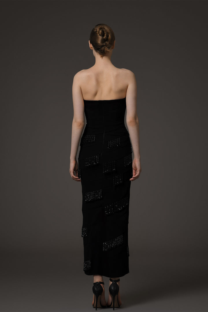 Strapless Midi Dress with Beaded Fringes and Crystal Embellishments