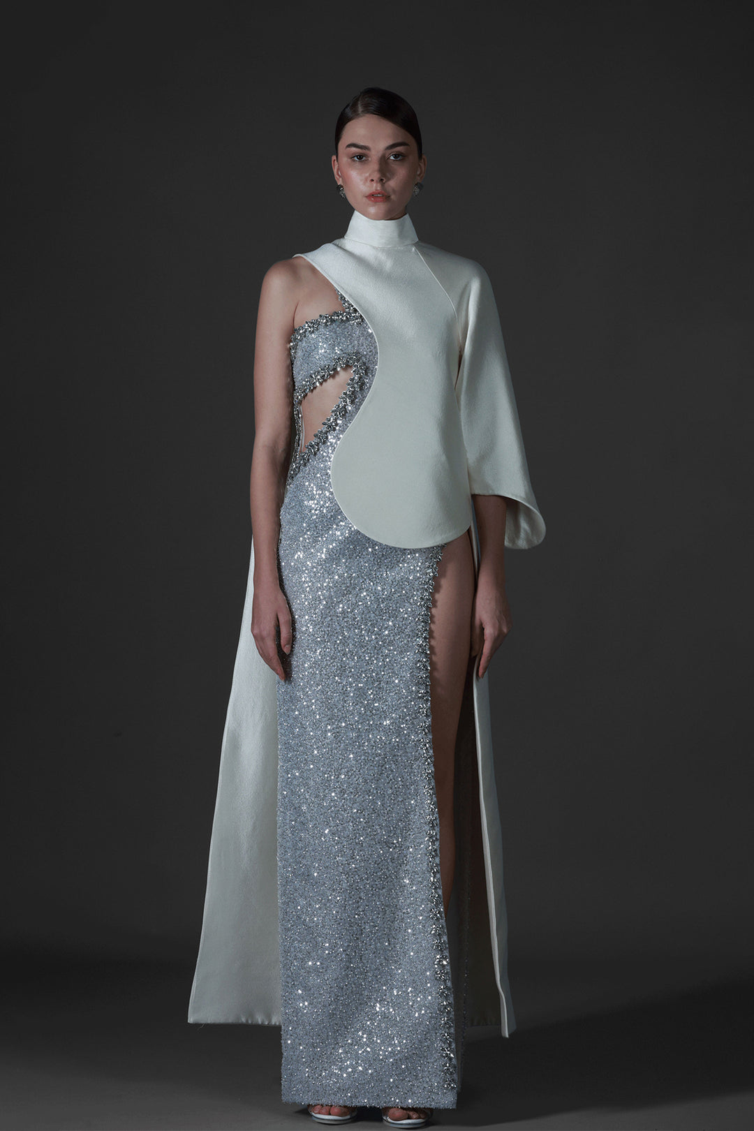 Cape One-shoulder Dress Silver & Ivory / FR 44 Cape One-shoulder Dress Silver & Ivory / FR 44