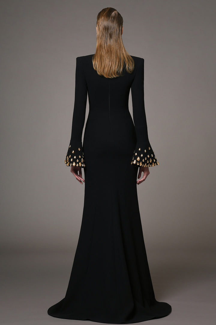 Crepe Long-Sleeved Mermaid Dress with Embroidery