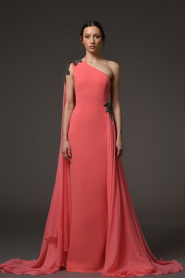 Long Dress with One-Shoulder Chiffon
