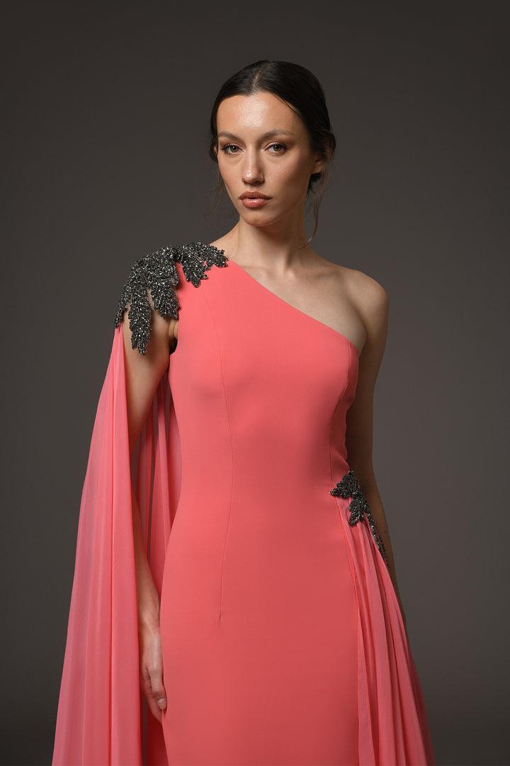 Long Dress with One-Shoulder Chiffon