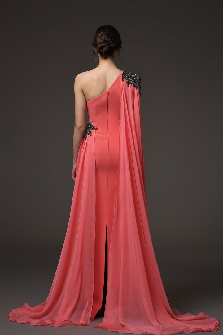 Long Dress with One-Shoulder Chiffon