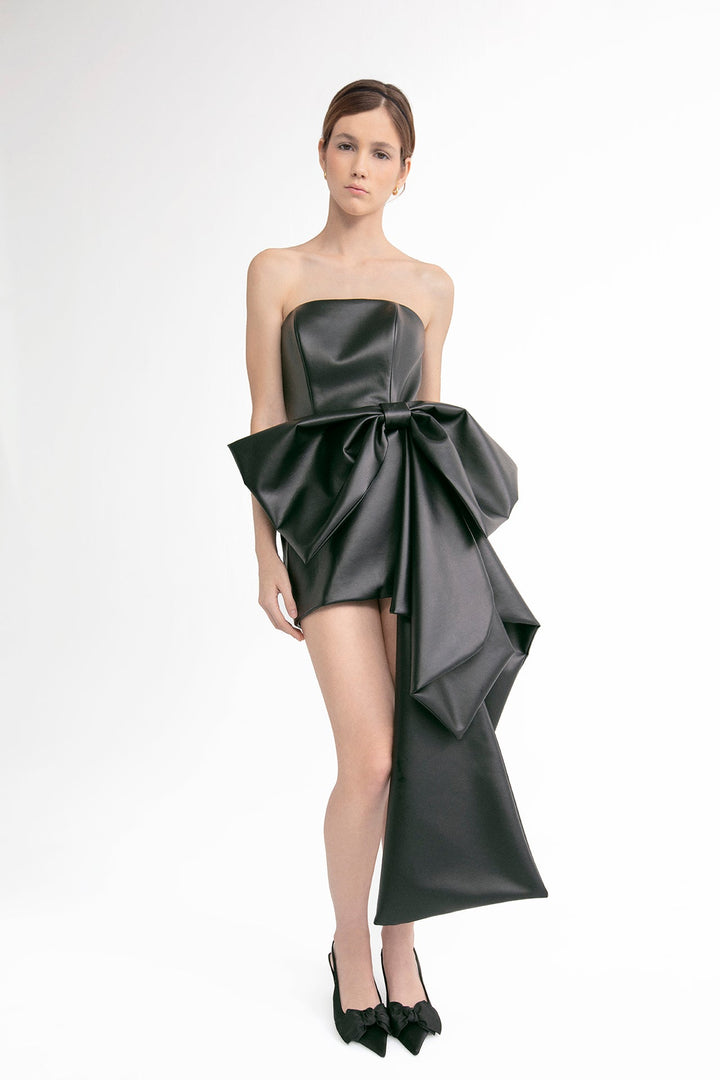 Leather-Effect Strapless Mini Dress with Bow