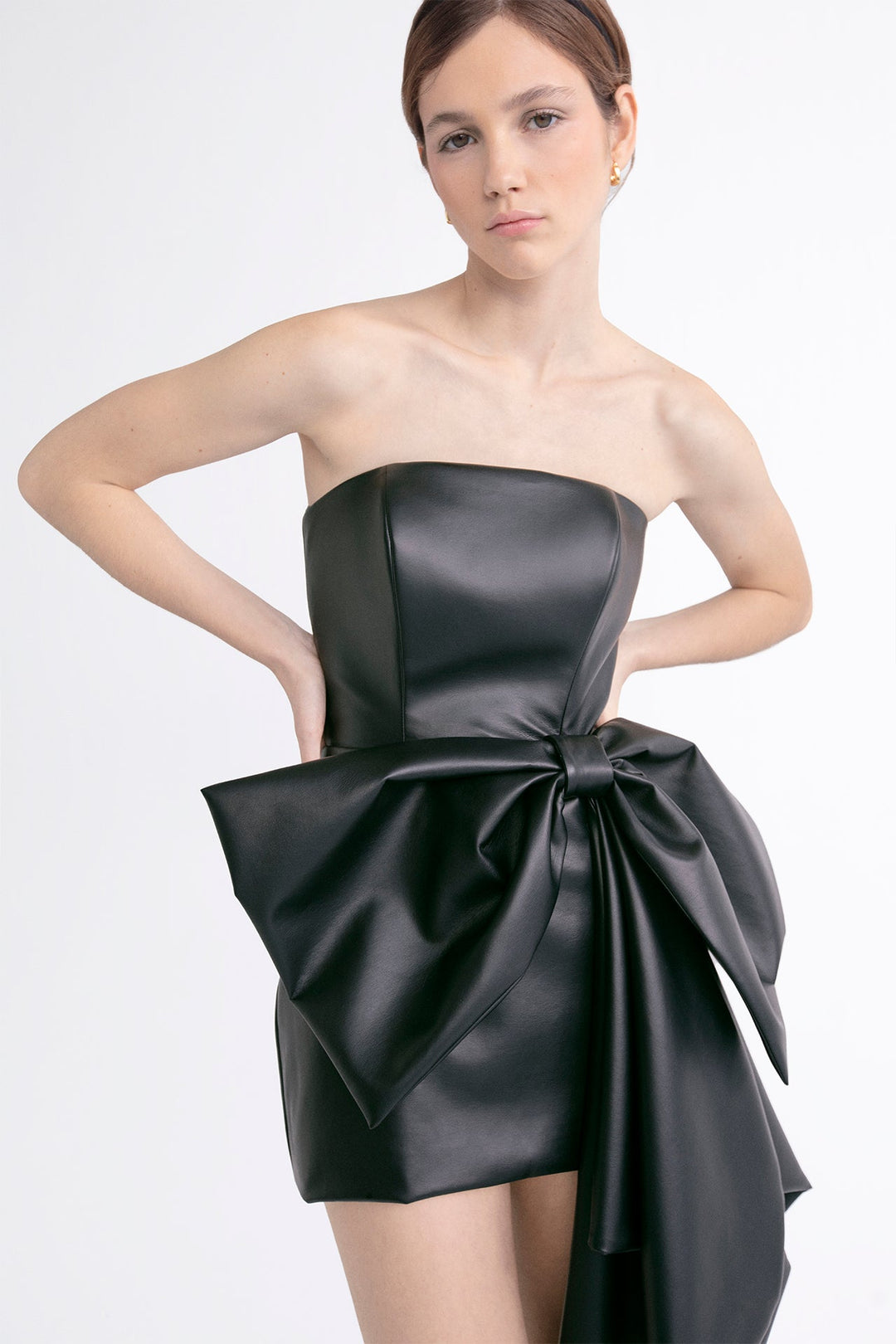 Leather-Effect Strapless Mini Dress with Bow