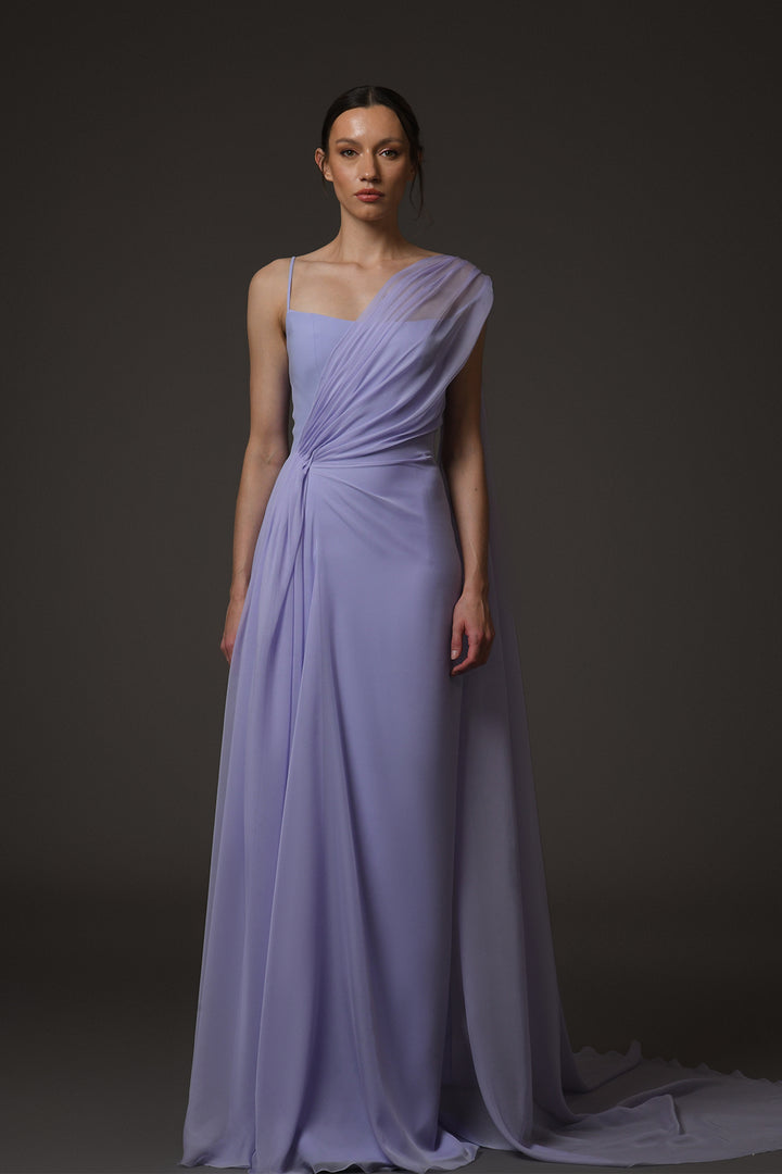 Long Dress with Asymmetric Chiffon and Draping