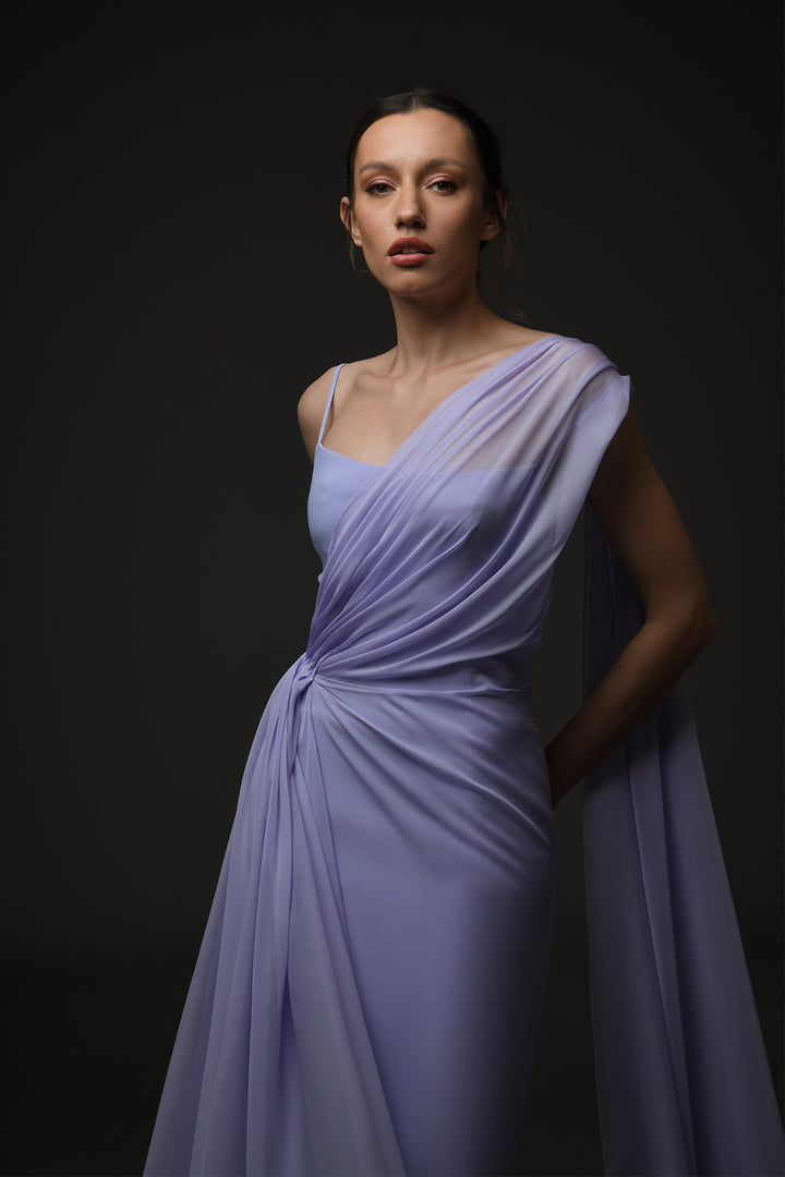 Long Dress with Asymmetric Chiffon and Draping