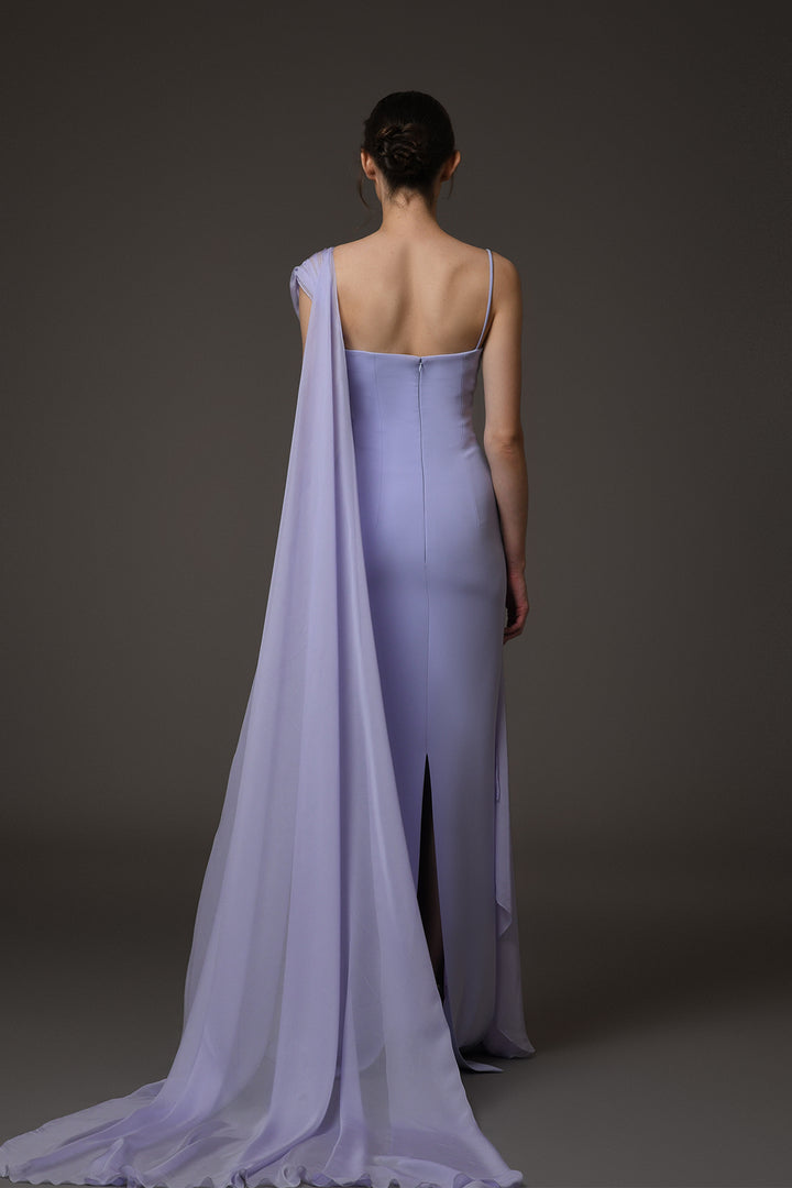 Long Dress with Asymmetric Chiffon and Draping
