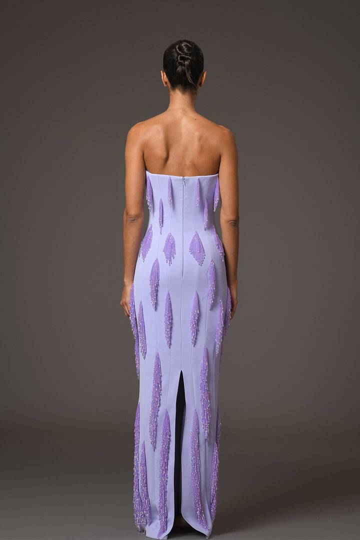 Strapless Long Dress with Beaded Fringes