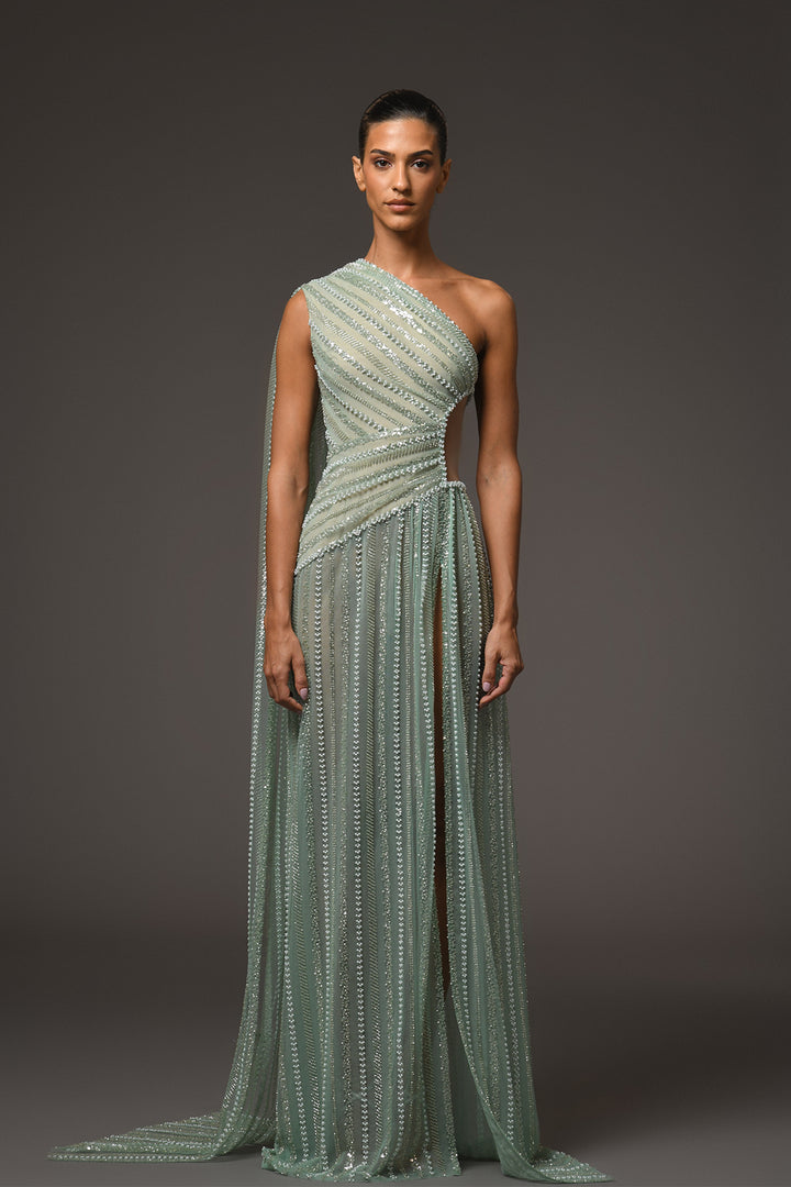 Long Dress with One-Shoulder Tulle and Cutout