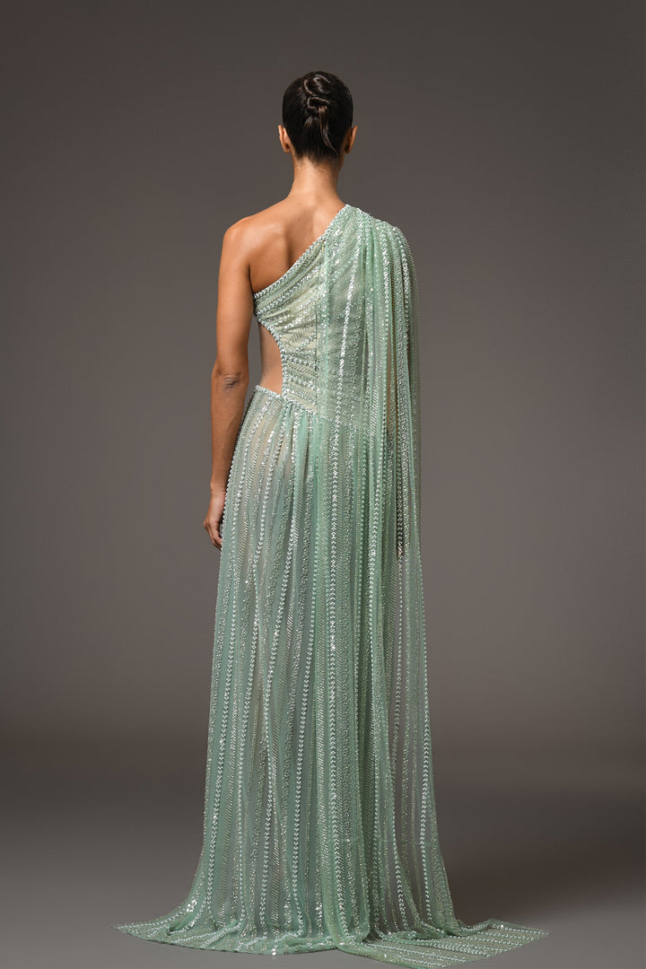 Long Dress with One-Shoulder Tulle and Cutout