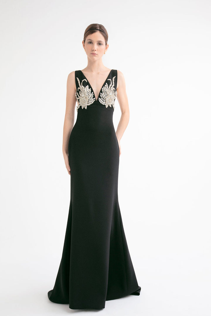 Crepe Sleeveless Mermaid Dress with Crystal Appliques