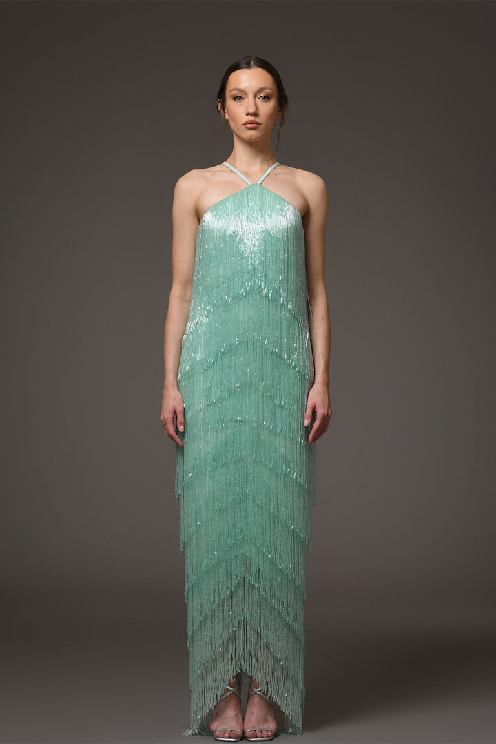 Long Dress with Beaded Fringe and Halter Neck
