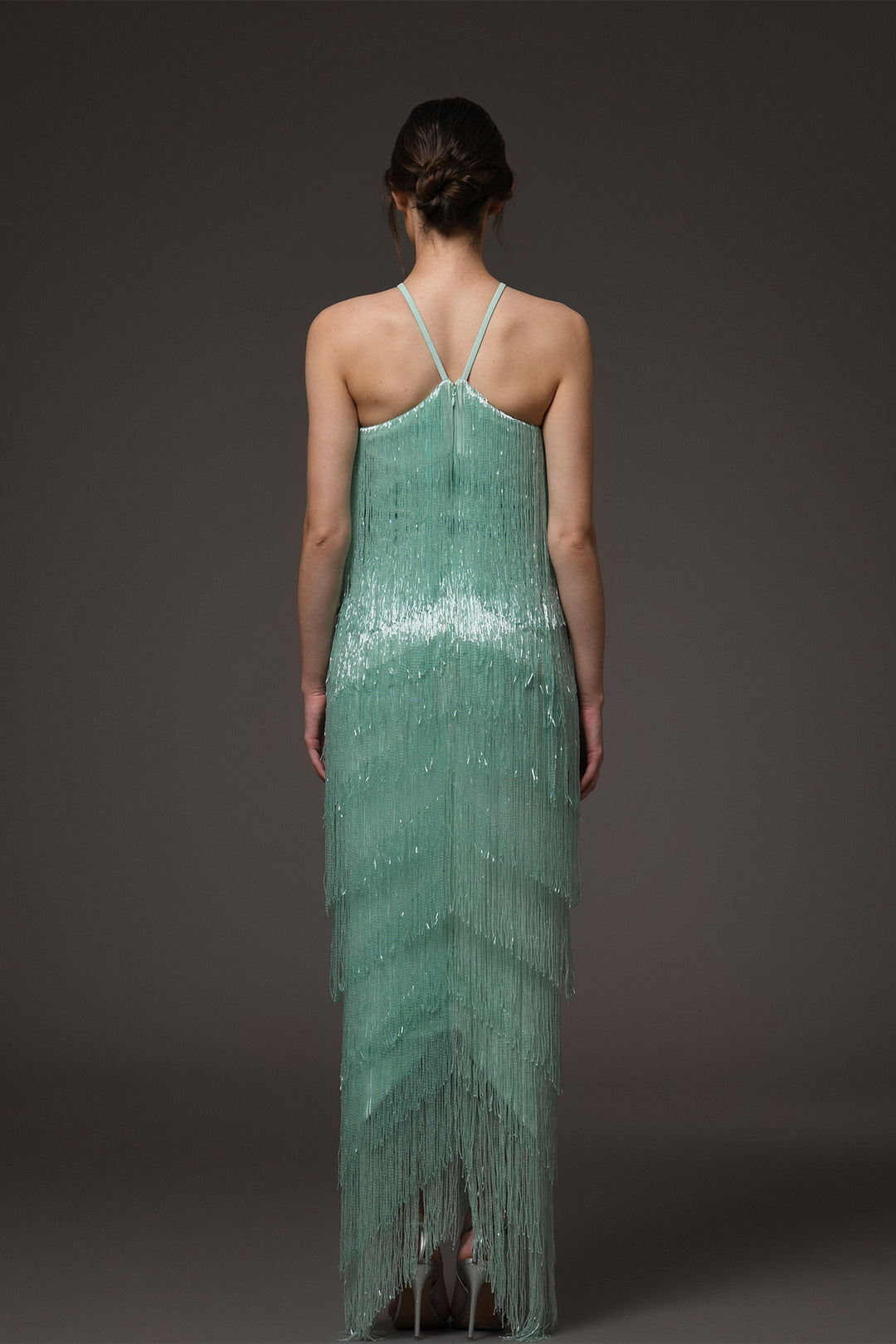 Long Dress with Beaded Fringe and Halter Neck