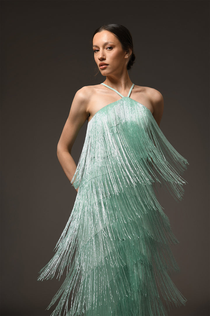 Long Dress with Beaded Fringe and Halter Neck