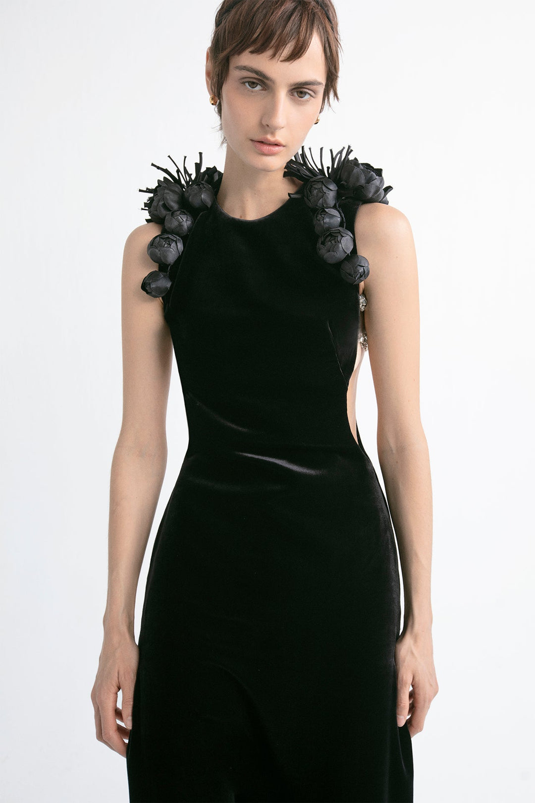 Velvet Sleeveless Fitted Dress with Cutouts and Embellishments