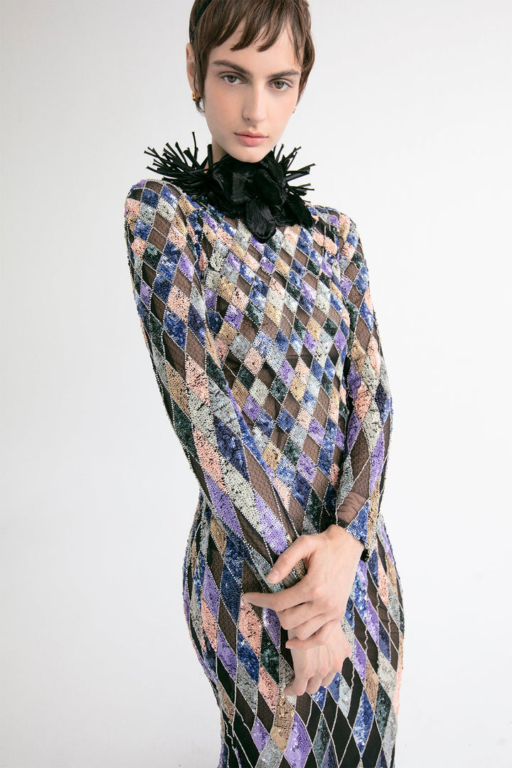 Sequined Long-Sleeved Geometric Mermaid Dress