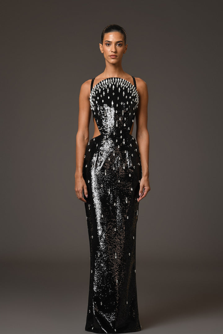 Long Sequins Dress with Open Back and Crystal Embroidery