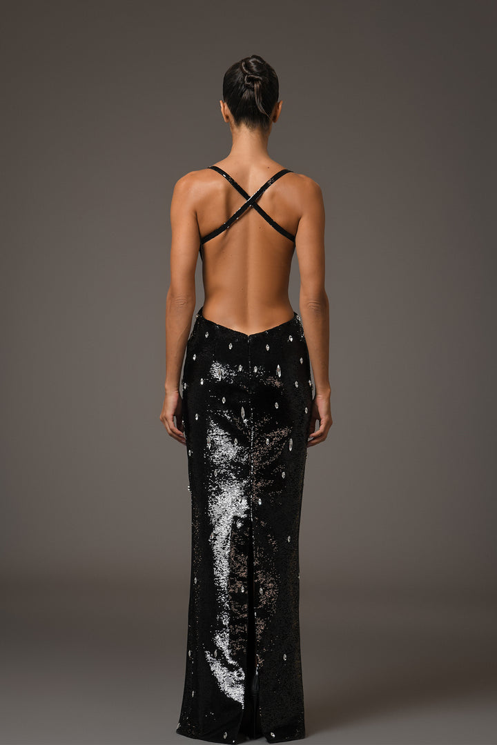 Long Sequins Dress with Open Back and Crystal Embroidery