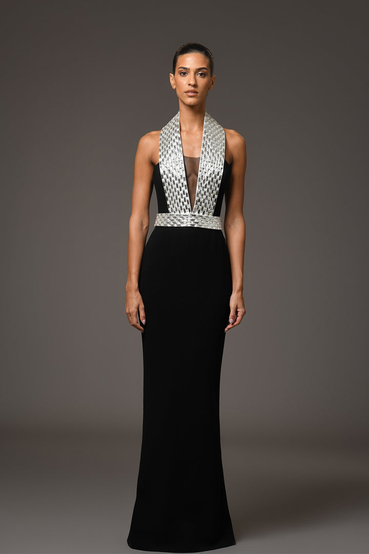 Long Crêpe Dress with Halterneck and Baguette Embroidery