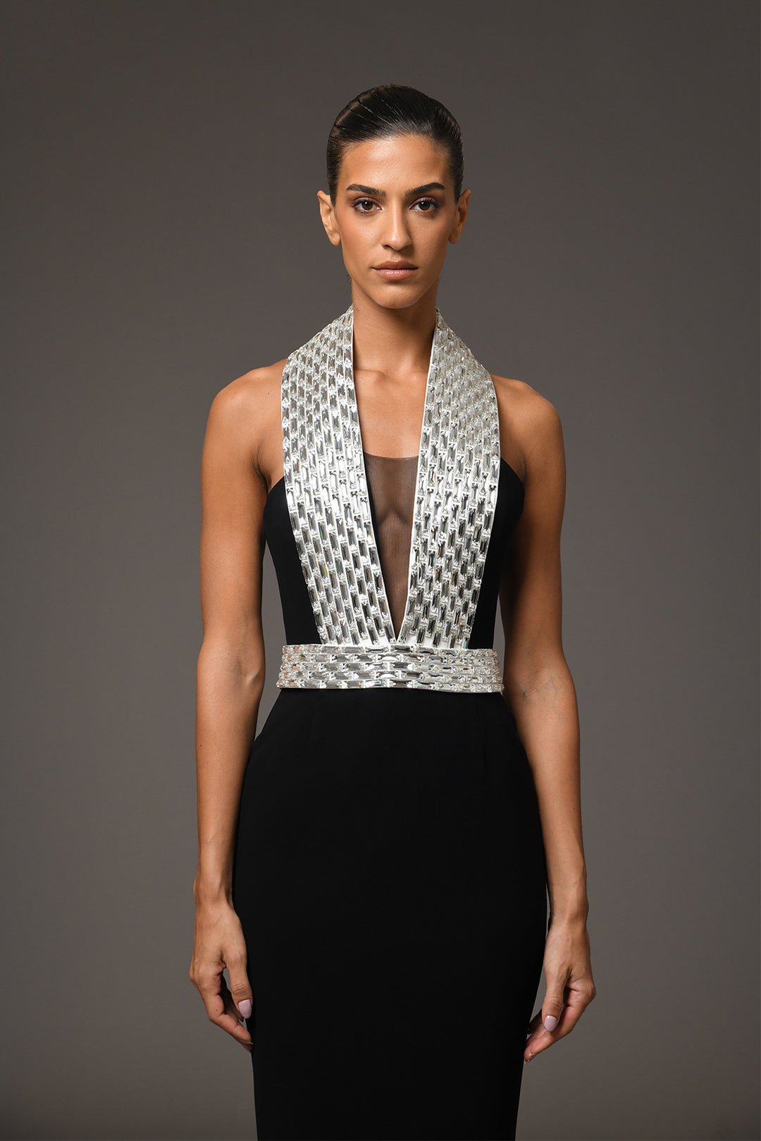 Long Crêpe Dress with Halterneck and Baguette Embroidery