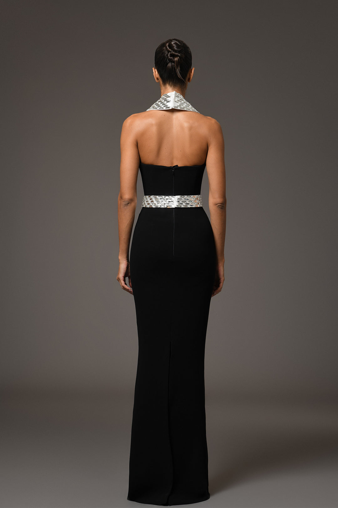 Long Crêpe Dress with Halterneck and Baguette Embroidery