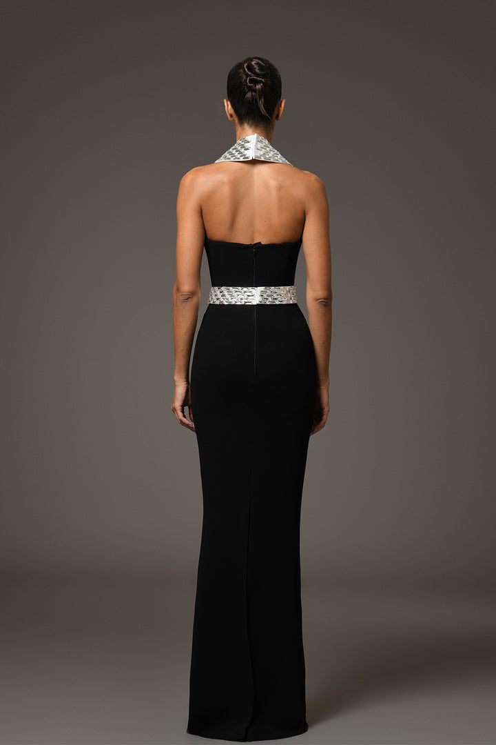 Long Crêpe Dress with Halterneck and Baguette Embroidery