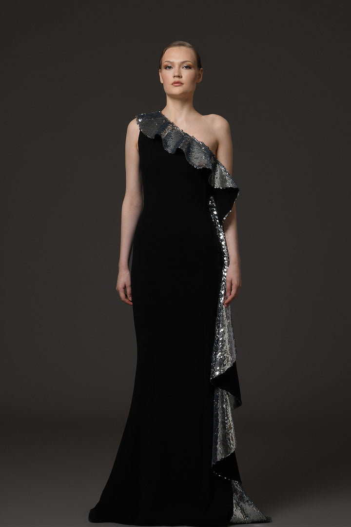 Long Crêpe Dress with One-Shoulder Sequin Ruffles