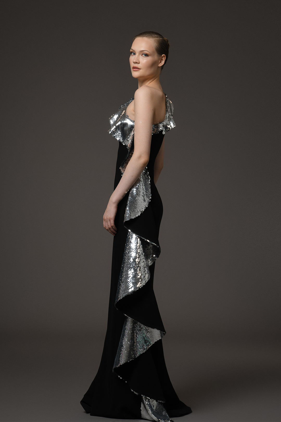 Long Crêpe Dress with One-Shoulder Sequin Ruffles