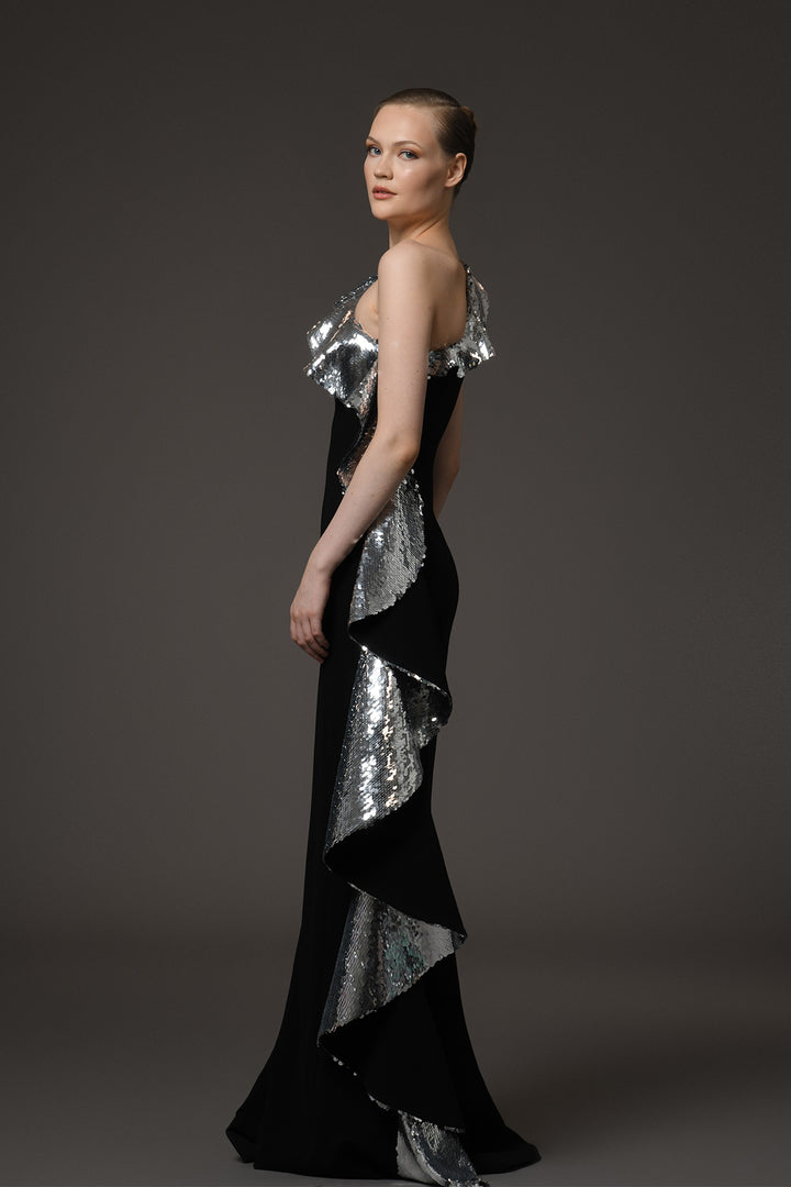 Long Crêpe Dress with One-Shoulder Sequin Ruffles