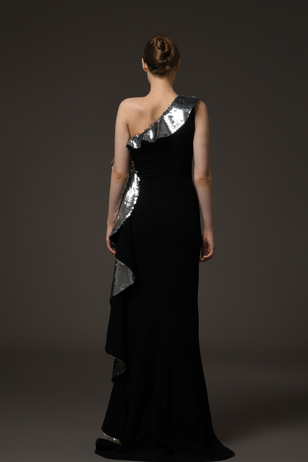 Long Crêpe Dress with One-Shoulder Sequin Ruffles