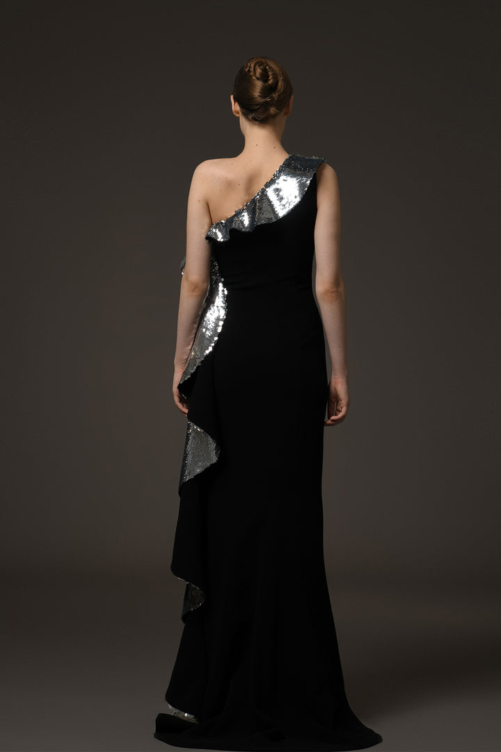 Long Crêpe Dress with One-Shoulder Sequin Ruffles