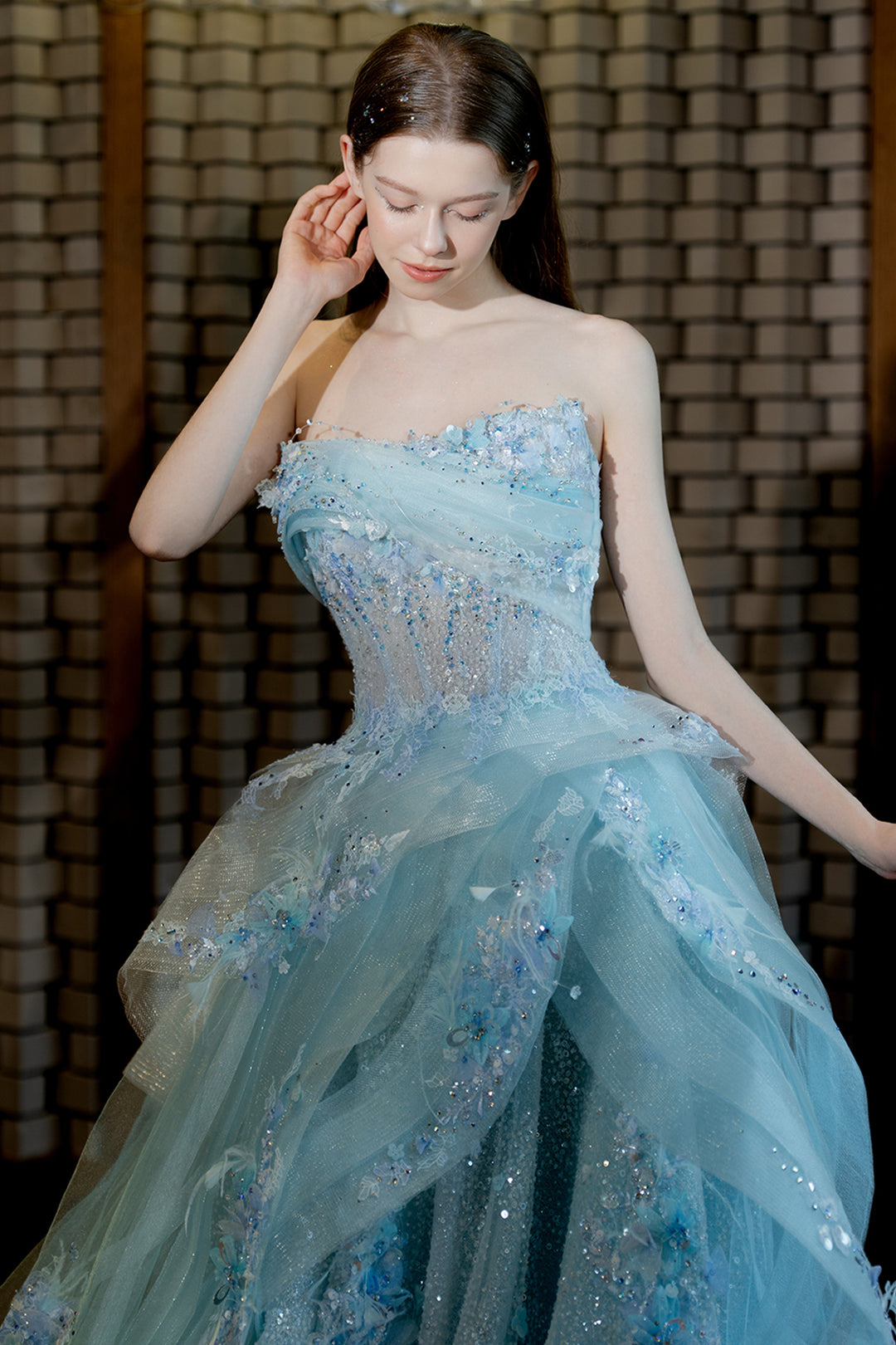 Strapless Floral Appliqué A-Line Dress