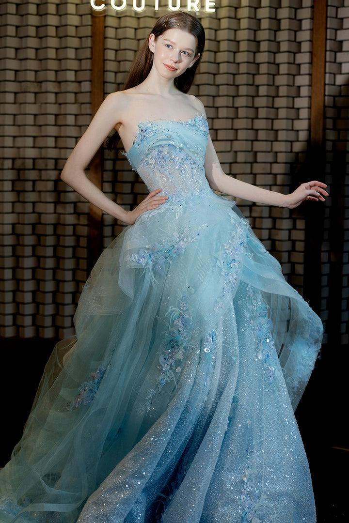 Strapless Floral Appliqué A-Line Dress