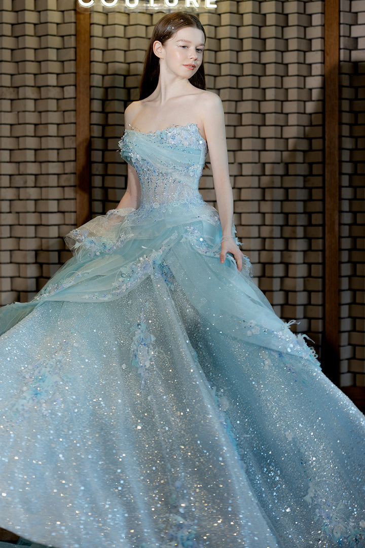 Strapless Floral Appliqué A-Line Dress